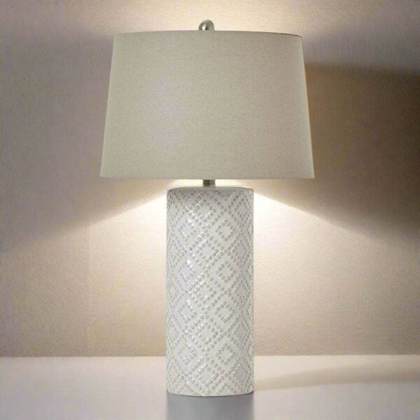 Marliam White Beaded Ceramic Lamp with Linen Shade – Elegant Ambient Lighting
