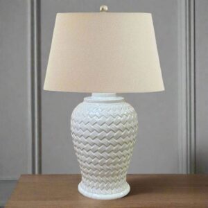 Marliam Woven Ceramic Table Lamp with Linen Shade – Cozy Ambient Lighting