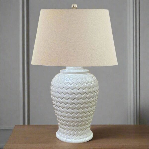 Marliam Woven Ceramic Table Lamp with Linen Shade – Cozy Ambient Lighting