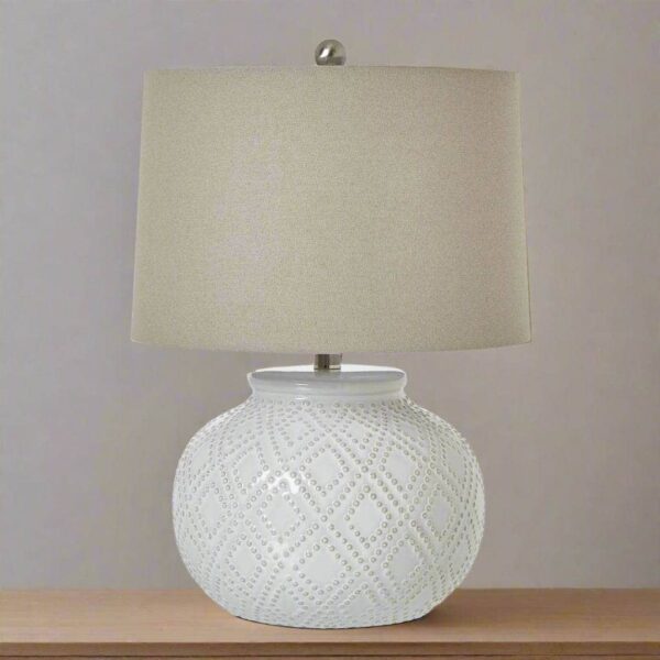 Squat White Beaded Ceramic Lamp With Linen Shade - Image 2