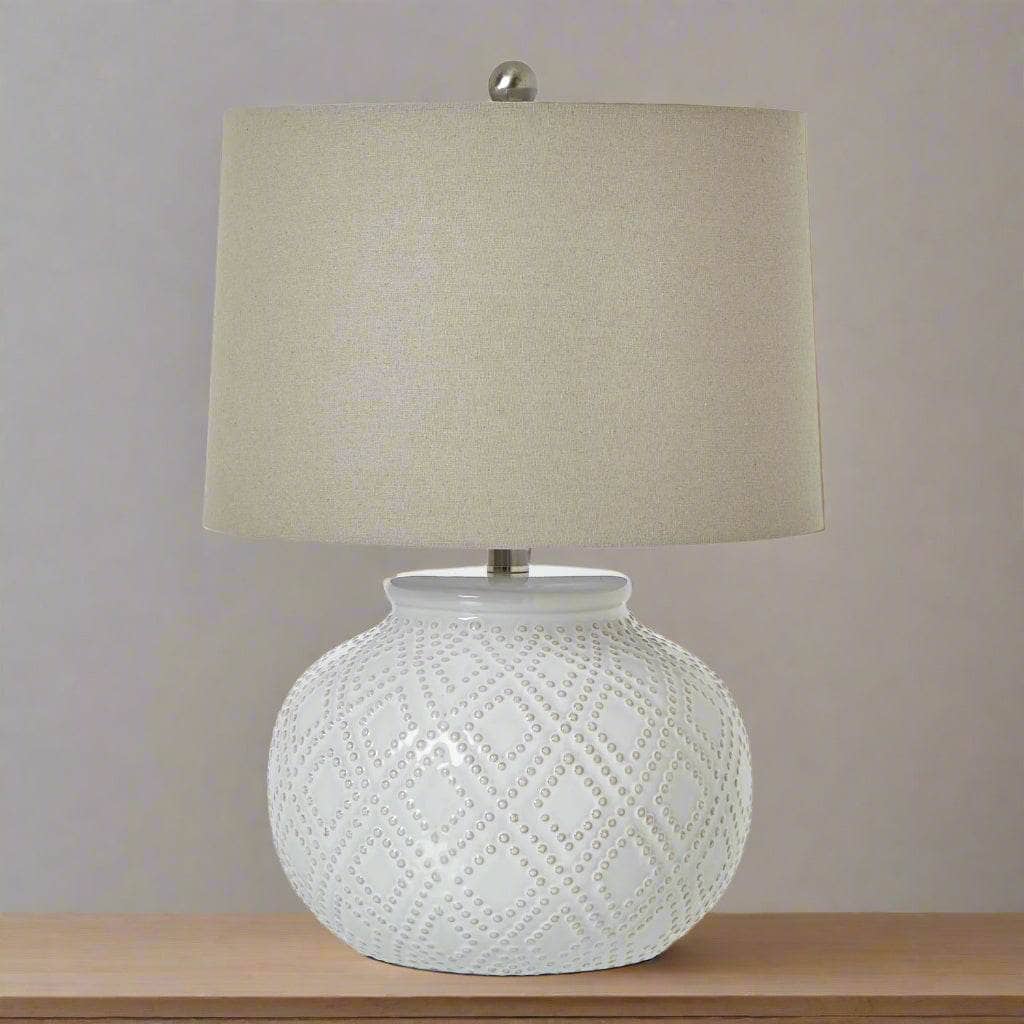 Squat White Beaded Ceramic Lamp With Linen Shade - Image 2