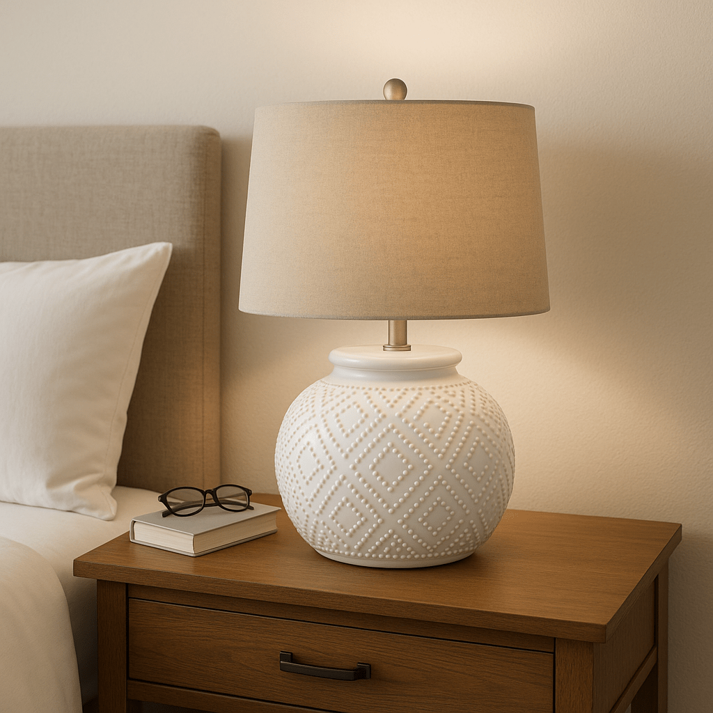 Squat White Beaded Ceramic Lamp With Linen Shade
